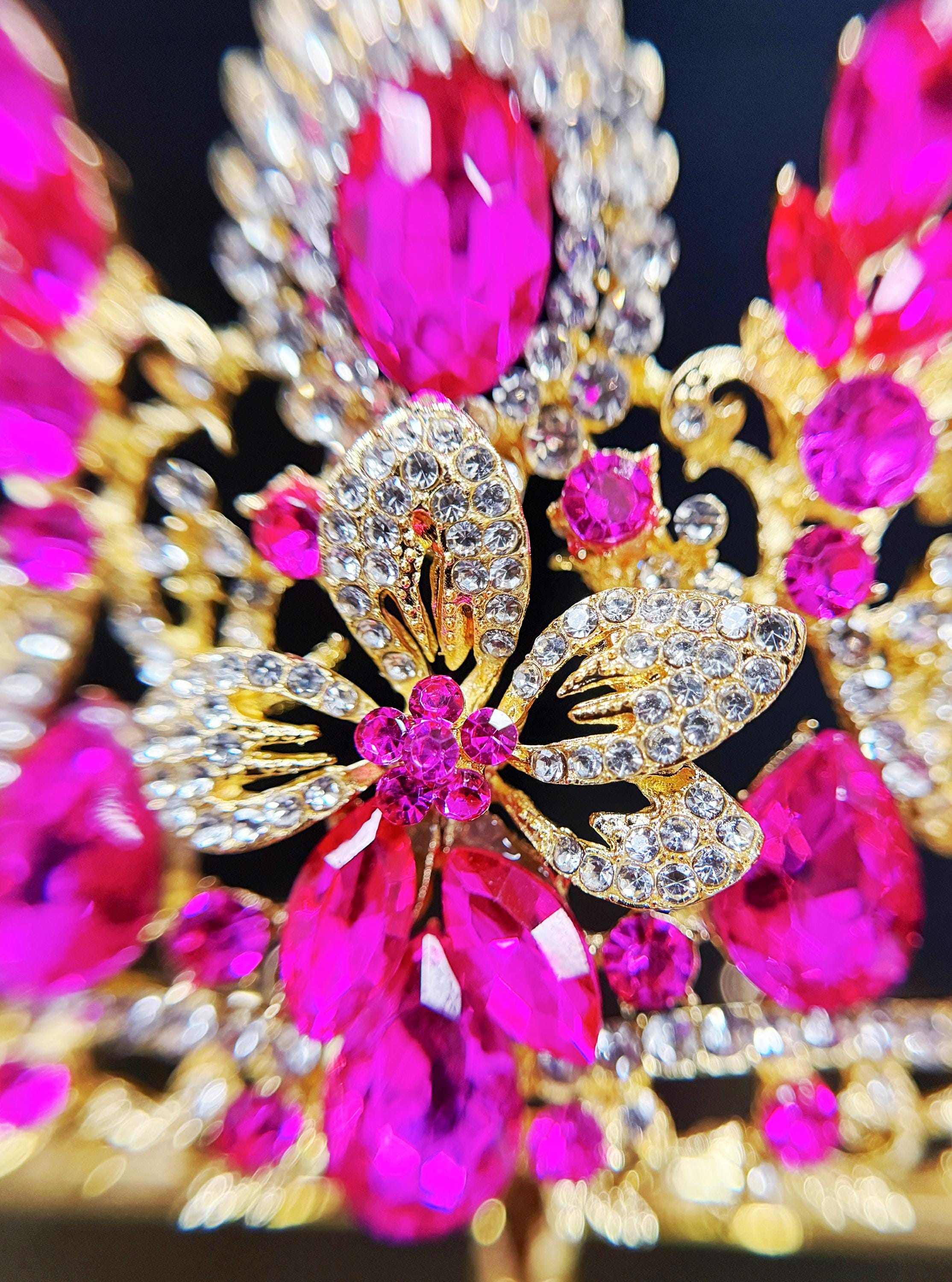 Gold Fuchsia Rhinestone Flower Wedding Tiara Customize Color 