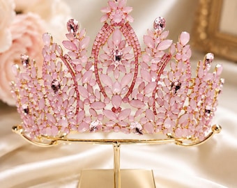 Rosa ädelstensguldkrona med tiara | Prinsesskristallkrona | Brudtiara | Älvdrottningshuvudbonad | Födelsedagskrona | Balhåraccessoar