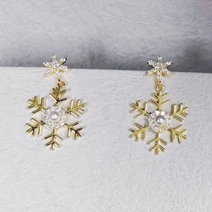 Gold Snow Drop Earrings Gold Earring Studs Handmade Winter Earrings Pearl Earring Wedding Birthday Gifts New Year Party Gifts for Women