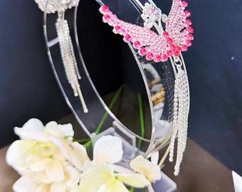 Silver Pink Wings Headband Angel Headband Wedding Headband Birthday Flower Girl Pink Rhinestone Headband Fairy Headband Princess Headpiece