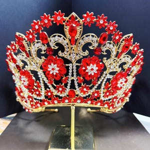 XL Size Gold Handmade Red Rhinestone Tiara Royal Tiara Wedding Tiara Gorgeous Gold Headband Birthday Gift Daily Accessories New Year Decor