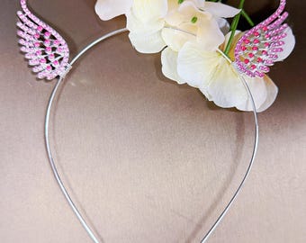 Silver Pink Angel Wings Headband Wedding Headband Birthday Gift Flower Girl Silver Pink Rhinestone Headband Fairy Headband Princess Headband