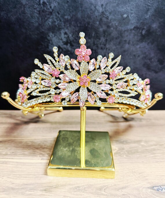 Princess Flower Crown, Floral Tiara, Birthday Party Crown, Pink Crystal Tiara Amazon.com : VELSCRUN Pink Crystal Birthday Tiara Crowns for  main image 3