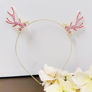 Diadema de reno rosa y dorado, diadema de boda, regalos de cumpleaños, diadema de niña de las flores con diamantes de imitación rosa y dorado, diadema de hada, diadema de princesa