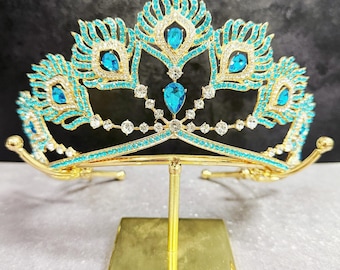 Gold Peacock Princess Tiara Handmade Baby Blue Rhinestone Tiara Lake Blue Wedding Gift for Her Gold Headband Birthday Tiara Queen Crown Gift