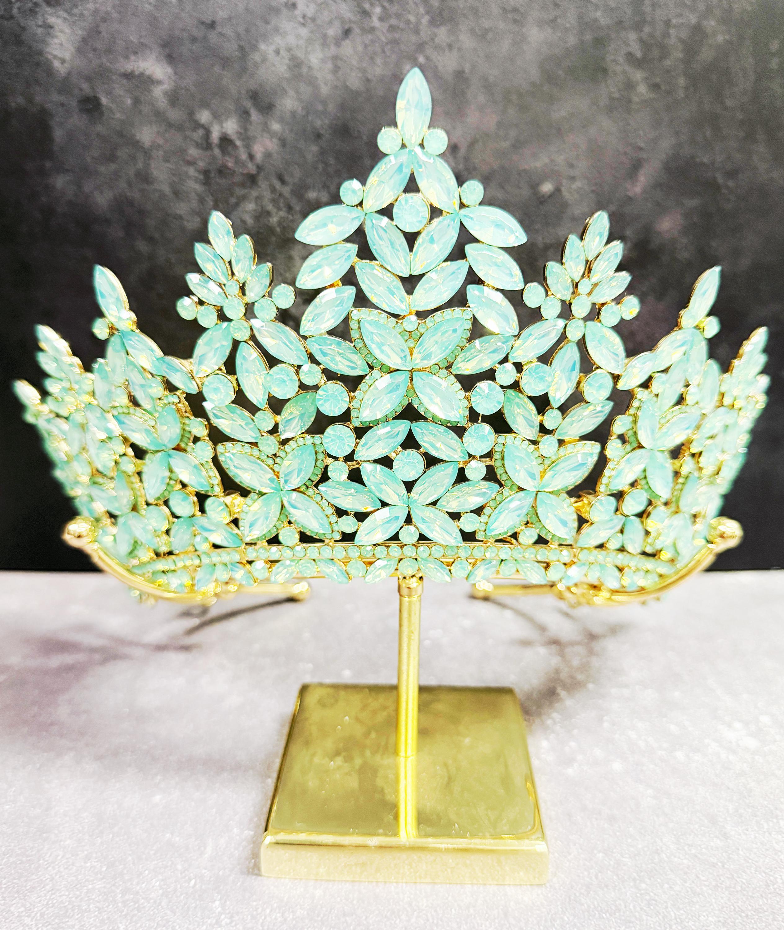 Gold Lime Green Rhinestone Tiara Crown, Bridal Wedding Headpiece, Gift Box Included, Quinceanera Crown