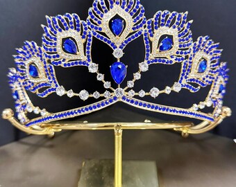 Gold Peacock Blue Rhinestone Princess Tiara, Handmade Bridal Wedding Queen Crown, Birthday Headpiece