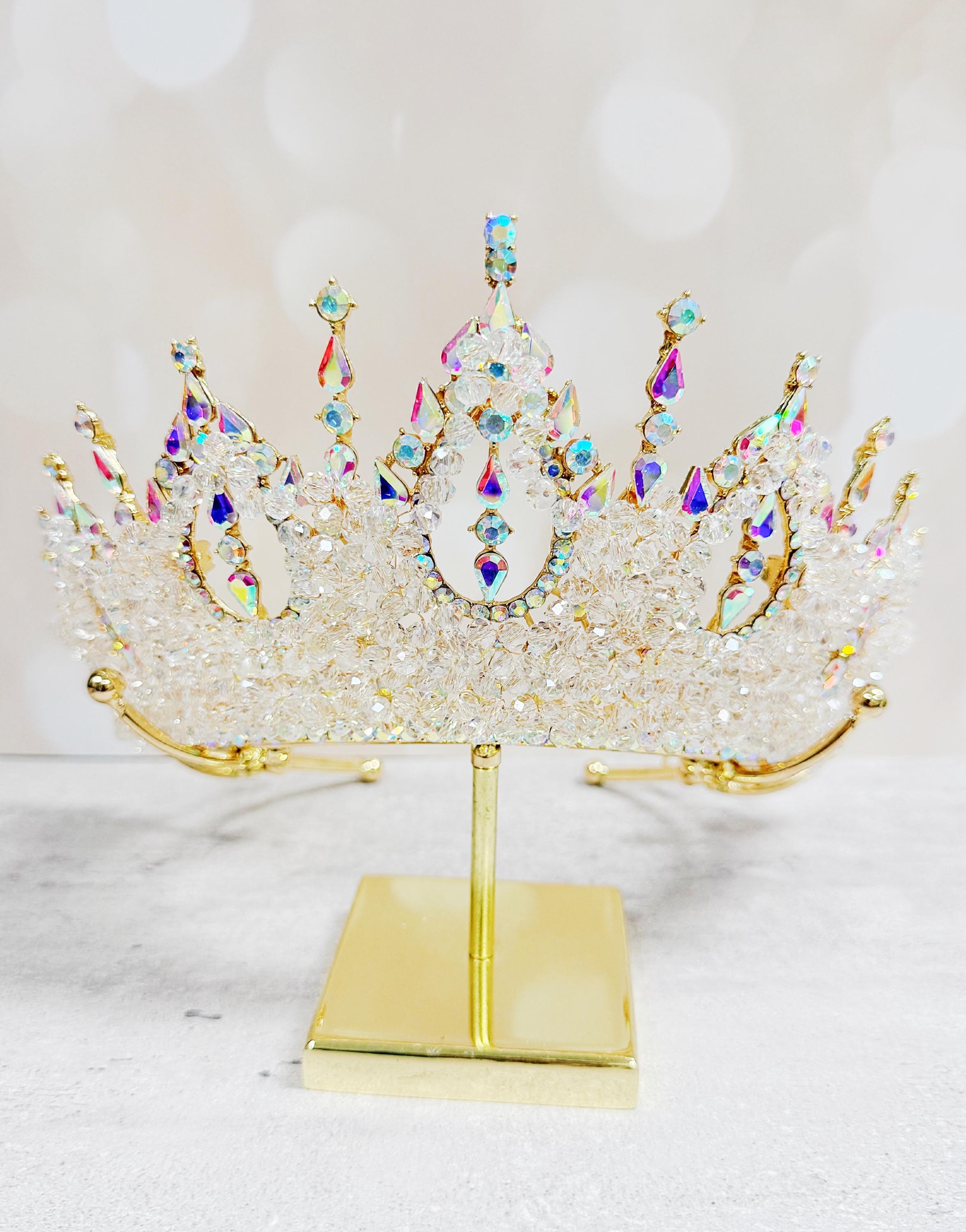 Gold AB Rhinestones Clear Beads Princess Tiara Super Shining 