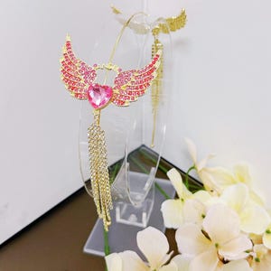 Diadema con alas de ángel dobles en rosa y dorado, bonita diadema con forma de corazón para niñas, regalo de cumpleaños, diadema de hada con diamantes de imitación en rosa y dorado, tiara de princesa.