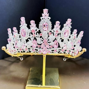 Silver Pink Flower Wedding Tiara Customize Color Hair Accessories Gift for Her Birthday Wedding Gifts Handmade Headband Queen Crown Princess