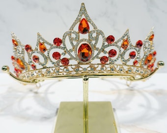 Gold Princess Tiara with Orange Crystal Rhinestones, Queen Crown Headpiece, Bridal Tiara, Birthday Crown, Pageant, Prom & Cosplay