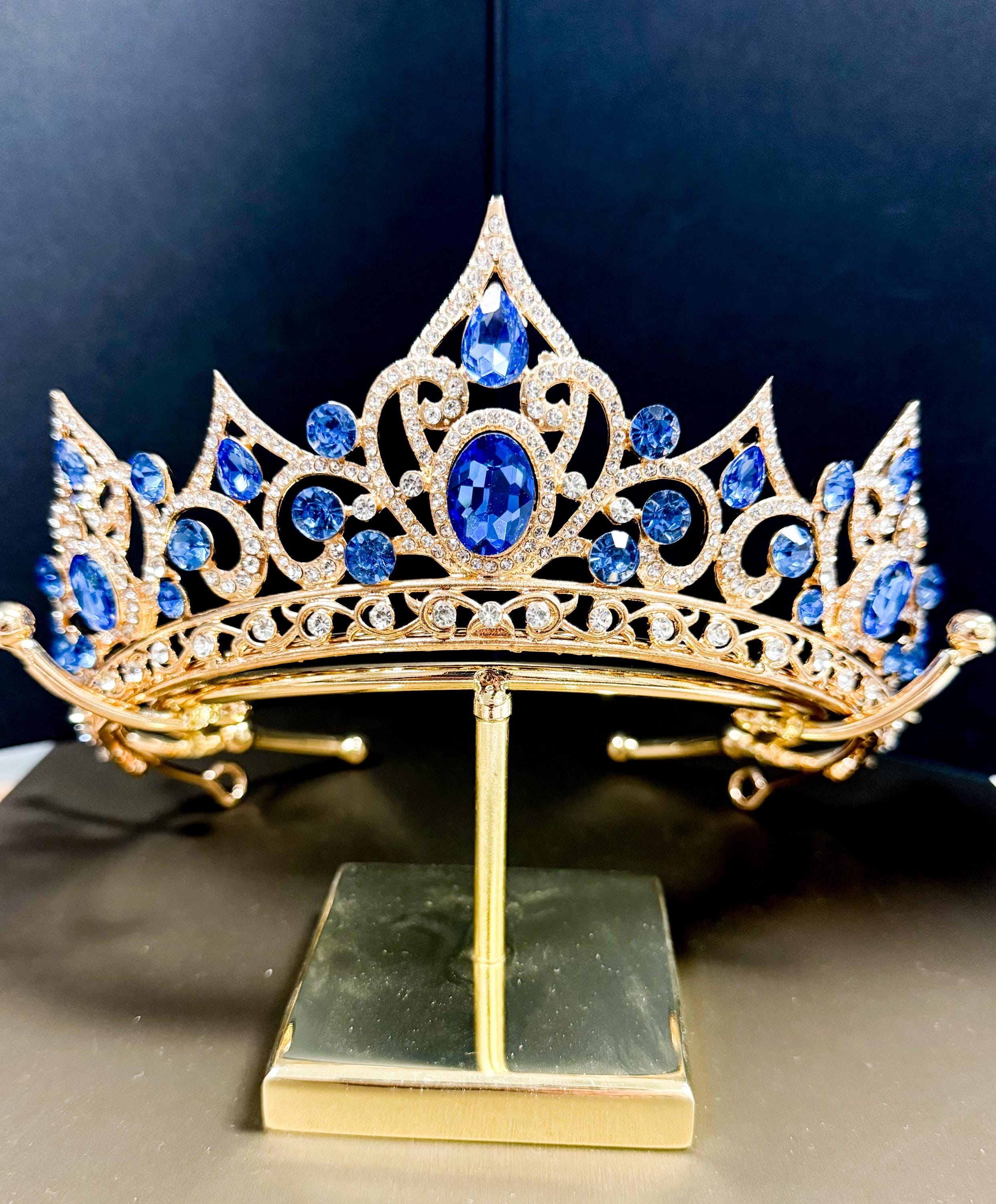 Elegant Blue and Gold Hair Crown XmhyTop-A Tiara Rhinestone Headpiece Crown Dark Blue 13*6cm  main image 3