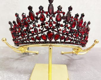 Black Red Rhinestone Tiara Crown, Bridal Wedding Headpiece, Halloween Dark Queen Crown