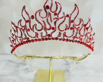 Silver Fire Red Rhinestone Tiara Handmade Queen Crown Wedding Gift for Her Silver Headband Princess Birthday Gift Daily Accessorie Halloween