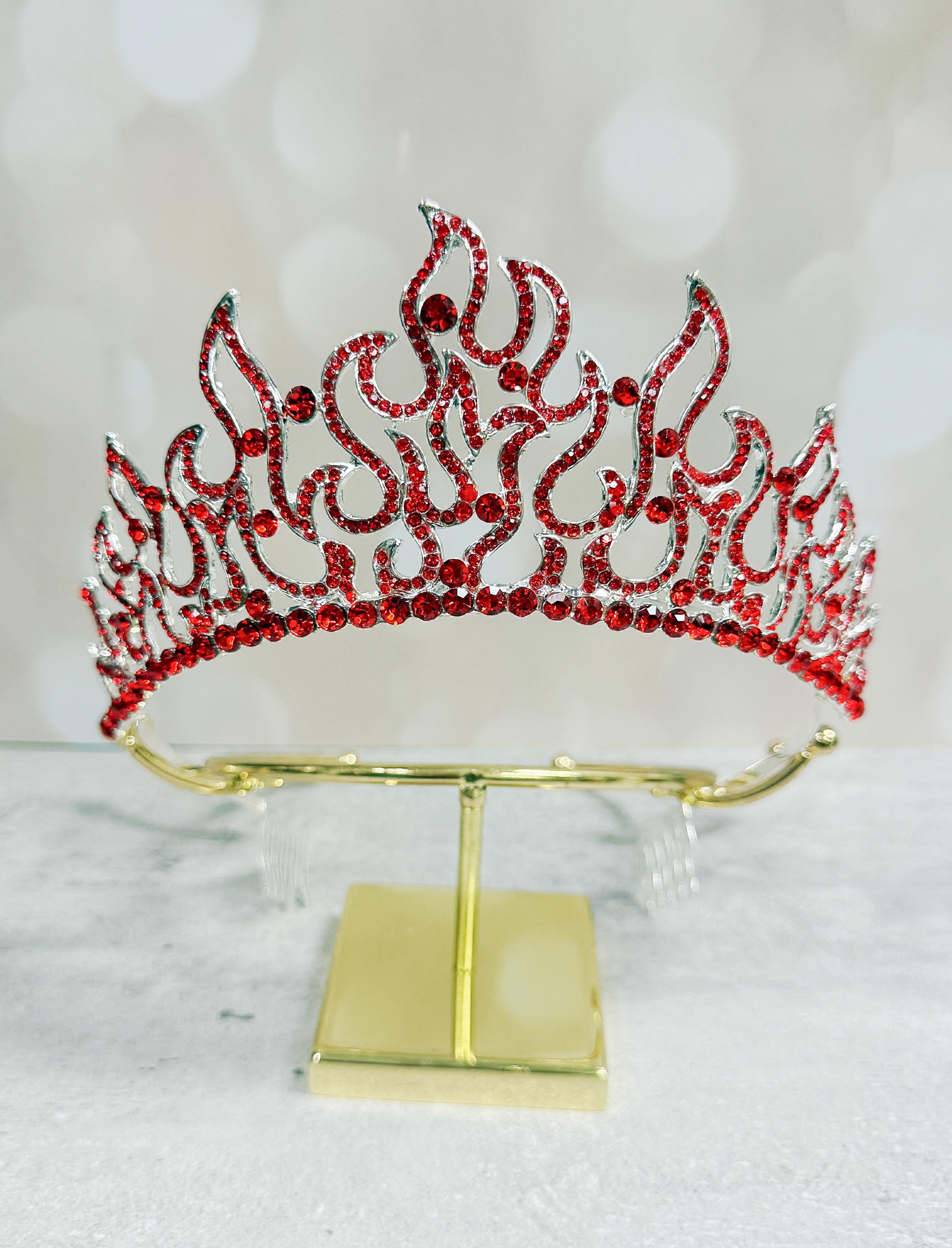 Silver Fire Red Rhinestone Tiara Handmade Queen Crown 