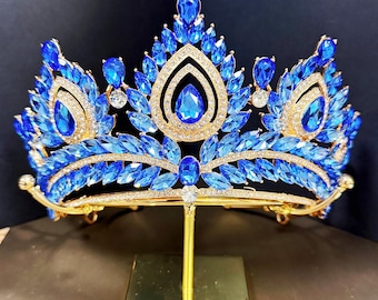 Gold Blue Rhinestone Wedding Tiara, Crystal Princess Queen Crown, Custom Birthday Headpiece