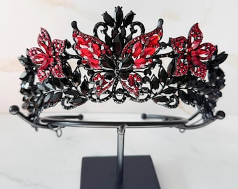 Black and Red Butterfly Tiara, Gothic Rhinestone Crown, Custom Color Headpiece for Halloween, Prom or Wedding