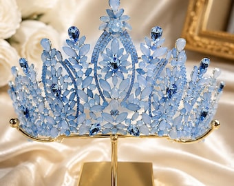 Luxury Blue Crystal Crown Tiara | Silver Royal Headpiece | Elegant Bridal Crown | Statement Queen Tiara | Formal Hair Accessory