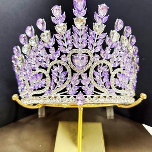 Silver Purple Handmade Heart Tiara Customize Color Elegant Tiara Wedding Bridal Accessories Party Headband Queen Princess Crown Gifts 4.5”T