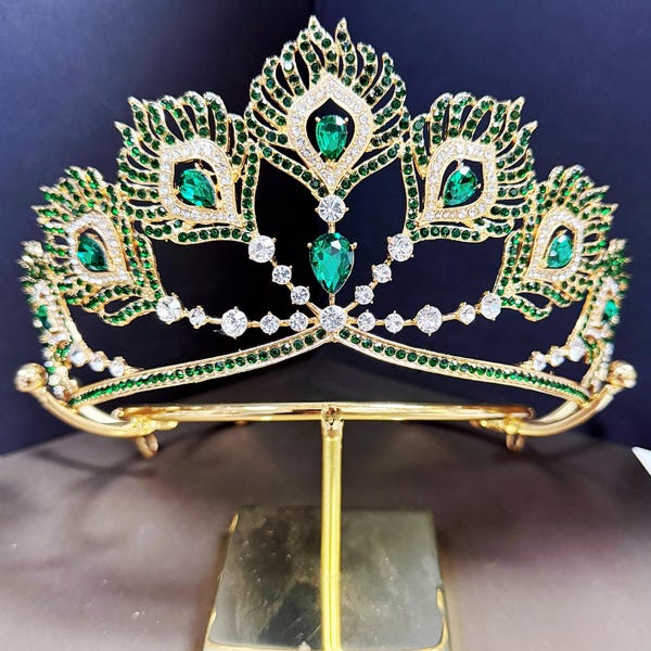 Gold Peacock Princess Tiara Handmade Green Rhinestone Tiara Customize Color Wedding Gift for Her Gold Headband Birthday Tiara Queen Crown