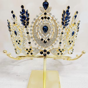 High Quality Gold Navy Blue Rhinestones Princess Tiara Dark Blue Wedding Crown Gifts Birthday Gift Box Quinceanera Crown Tiara Queen Crown