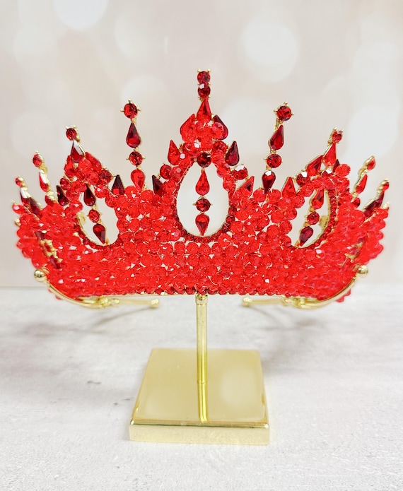 Red & Gold Jeweled Tiara Bridal Red Tiara, Luxury Bridal Gold Crown, Prom, Crystal  main image 4