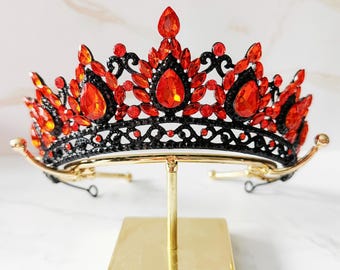 Orange Amber Gothic Tiara, Black Crystal Queen Crown, Halloween Headpiece, Fire Queen Tiara, Dark Princess Crown, Fall Wedding Hair headband