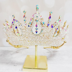 Gold AB Rhinestones Clear Beads Princess Tiara Super Shining Wedding Crown High Quality Gift for Her Birthday Gift Box Quinceanera Crown