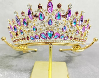 Gold Handmade Rainbow Purple Rhinestone Tiara Princess Wedding Gift for Her Gold Headband Birthday Gift Accessories Halloween Queen Crown