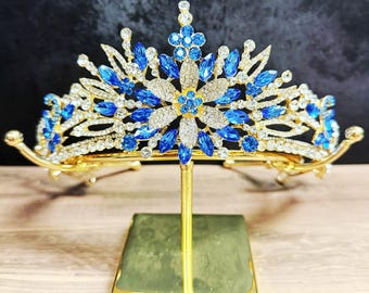 Gold Ocean Blue Flower Wedding Tiara, Handmade Floral Princess Queen Crown, Birthday Headpiece