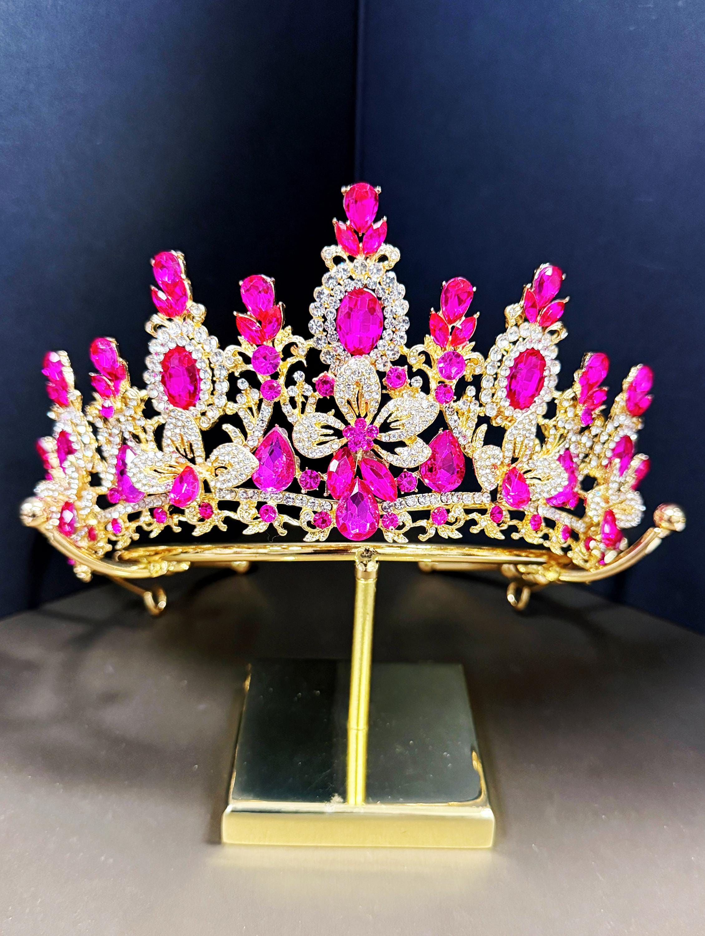 Gold Fuchsia Rhinestone Flower Wedding Tiara Customize Color  display picture 2