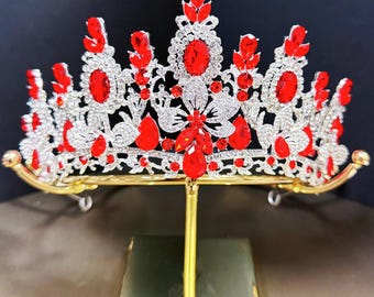 Silver Red Rhinestone Flower Tiara, Custom Floral Wedding Crown, Birthday Princess Queen Headband