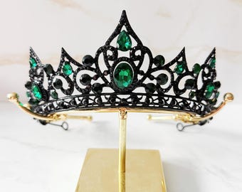 Emerald Green Gothic Tiara, Black Crystal Crown, Dark Queen Headpiece, Vintage Royal Princess Tiara, Halloween Wedding Crown