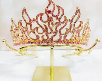 Gold Fire Pink Rhinestone Tiara Handmade Queen Crown Wedding Gift for Her Gold Headband Princess Birthday Gift Daily Accessorie Halloween