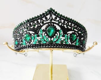 Emerald Green and Black Tiara, Gothic Wedding Crown, Teardrop Rhinestone Headpiece for Prom, Halloween and Fantasy Costumes