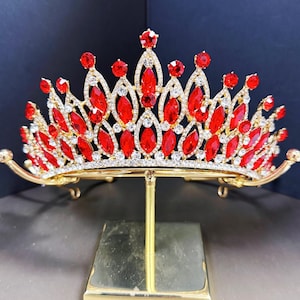 Gold Crown Red Rhinestone Tiara Customize Color Wedding Gift for Her Gold Headband Birthday Tiara Queen Princess Crown New Year Daliy Decor