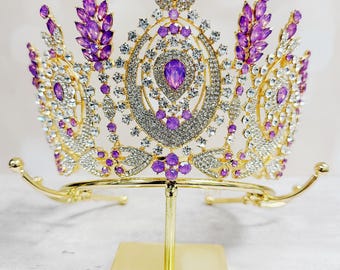 Gold Purple Rhinestone Princess Tiara, Cream Purple Quinceanera Wedding Queen Crown With Gift Box