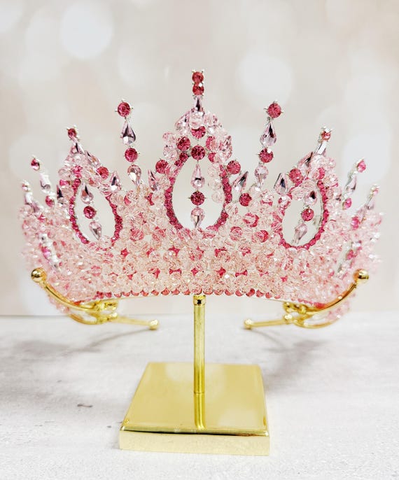 Rhinestone Princess Tiara: Silver Pink Beads Wedding Crown  display picture 1