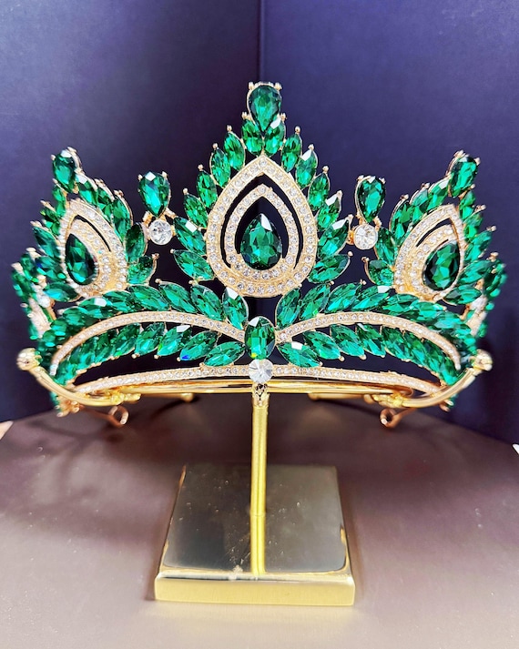 Large Gold Green Rhinestone Wedding Tiara Customize Color  display picture 2