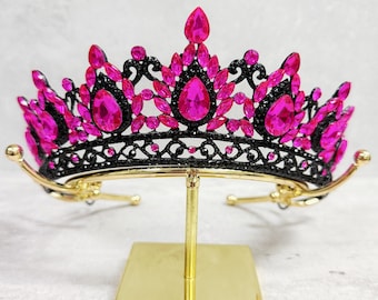 Black Fuchsia Rhinestone Tiara, Handmade Gothic Pink Wedding Crown, Halloween Birthday Headband