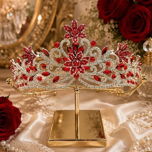Red Crystal Tiara, Bridesmaid Tiara, Bridal Party Crown, Wedding Hair Accessory, Maid of Honor Gift, Ruby Headpiece