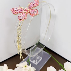 Diadema de mariposa rosa y dorada, tiara de ángel, tocado de cumpleaños para niña, regalo para ella, diadema de hada con diamantes de imitación rosas, diadema de niña de las flores
