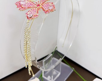 Gold Pink Butterfly Headband Angel Tiara Birthday Girl Headpiece Gift for Her Pink Rhinestone Fairy Headband Flower Girl Headband