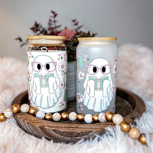 Books and Coffee Glass Cup, Iced Coffee Glass, Bookish, Beer Can Glass, Ghostie, Gift for Book Lover