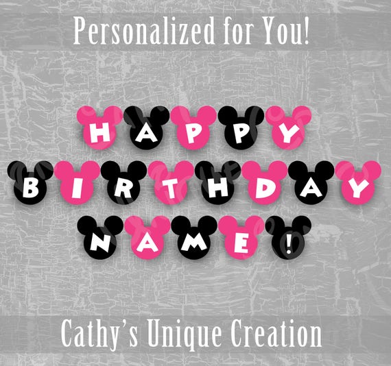 Custom Minnie Mouse Happy Birthday Name Banner Disney Kids Etsy