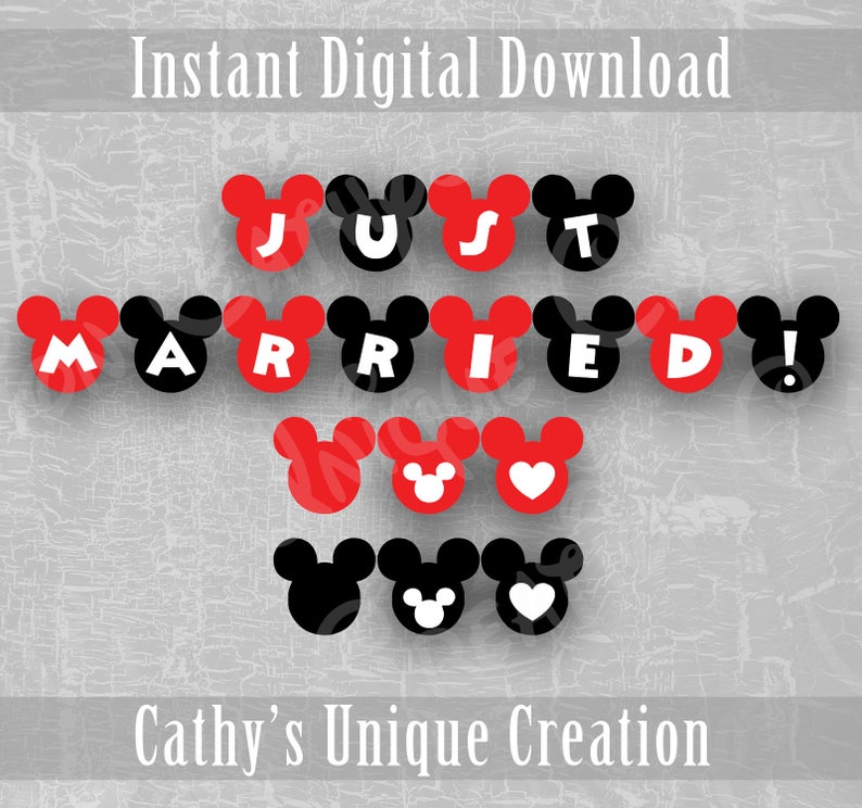 Just Married Banner Red Black Mickey Minnie Mouse Walt Etsy