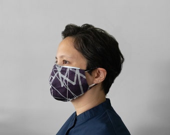 Deep purple batik, three-layer reusable face mask with mulberry silk lining, nose band & filter pocket by All The Ns