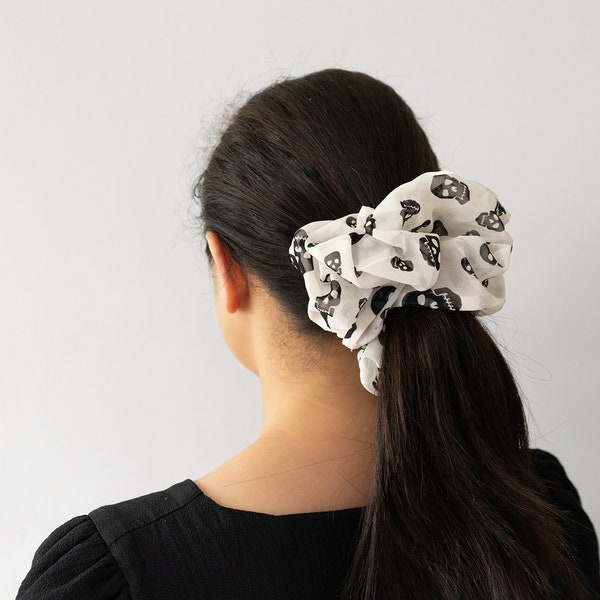 Oversized extra large black and white skull print chiffon scrunchie, volumizing hijab scrunchie by All The Ns