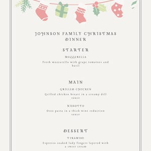 Printable Christmas Family Dinner Menu Template – Customizable Holiday Menu for Family Gatherings
