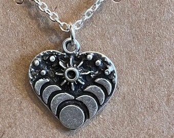 Moon Phases Heart Pendant Necklace, Boho Cottagecore Style